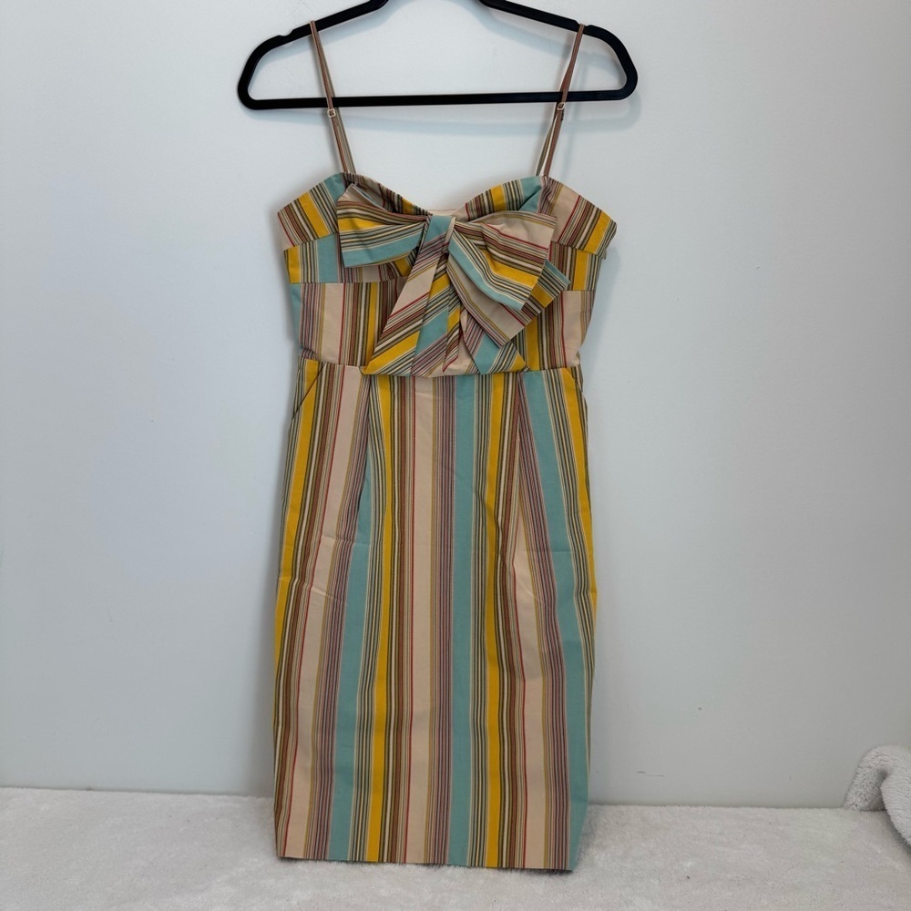 Anthropologie Striped Bow-Front Midi Dress in Yellow, Teal, Brown